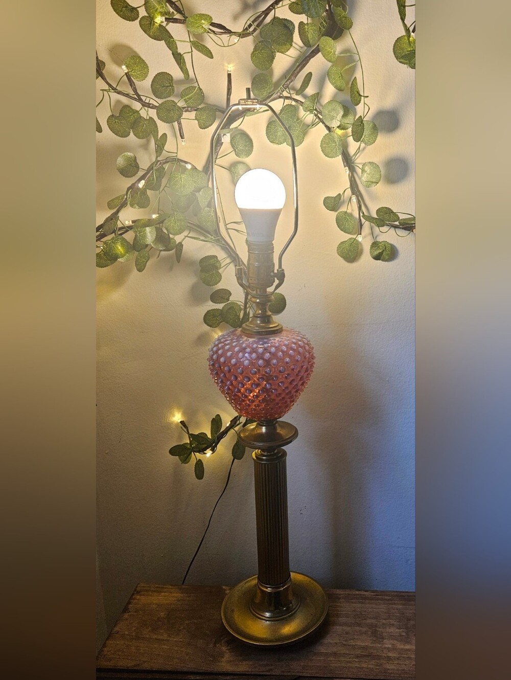 Vintage Fenton Cranberry Opalescent Hobnail table lamp light. American art glass
